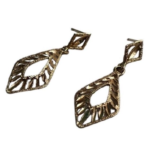 14k Yellow Gold Filigree Retro Dangle Geometric Pop Art  1.3g Drop Dangle Earrin - Picture 6 of 16